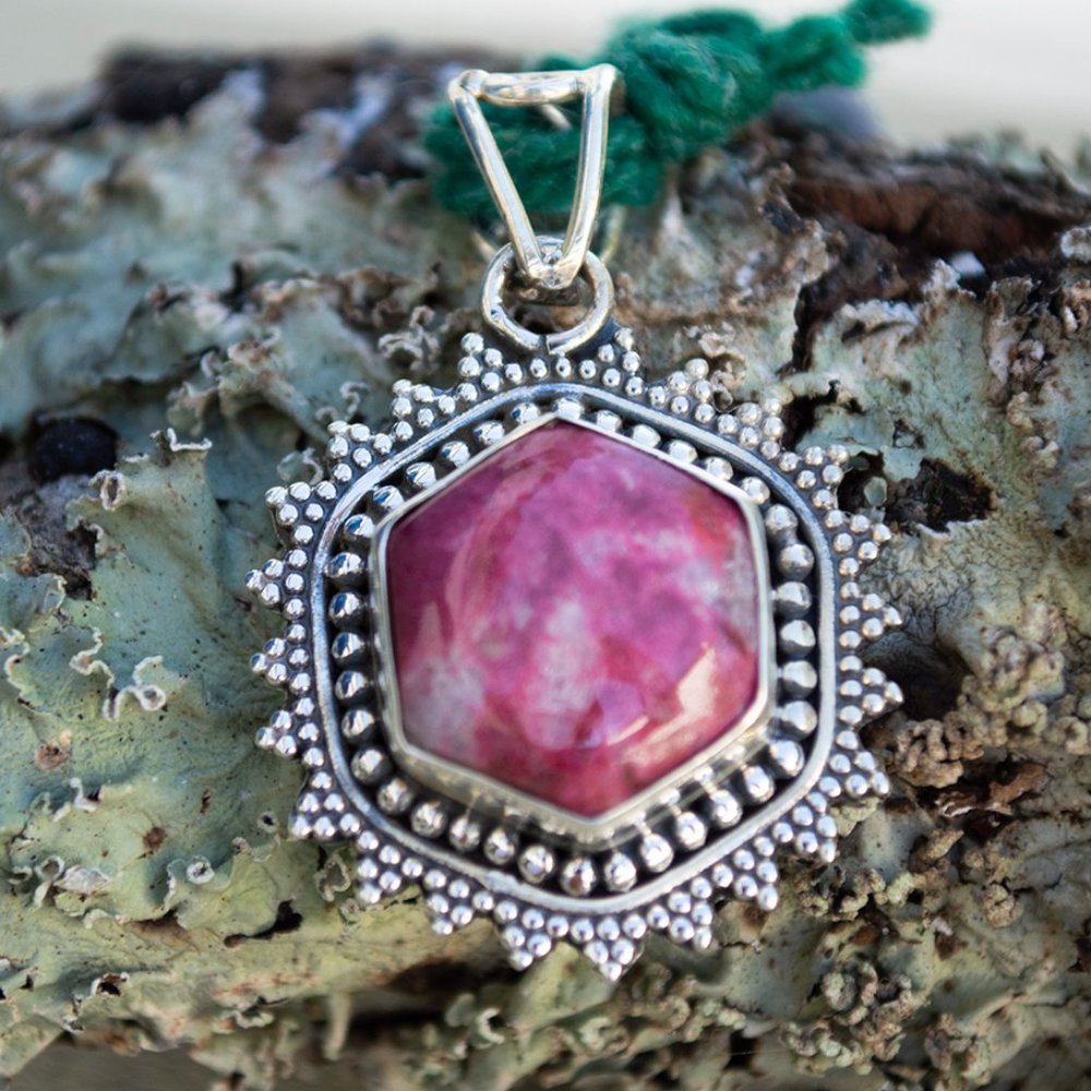 Sacred Geometry Hexagon Thulite Sterling Silver Pendant